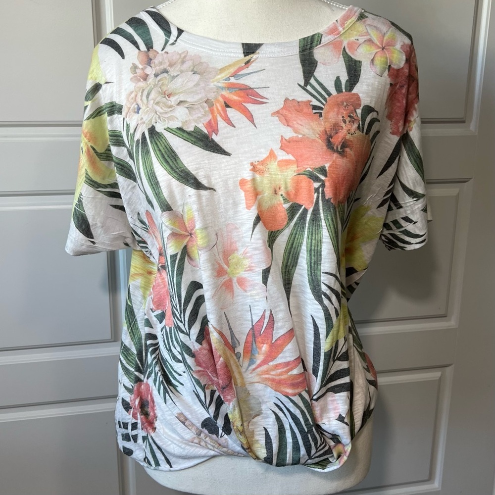 Tryst Floral Print Twist Front T-Shirt Tropical‎ Short Sleeve Top Large